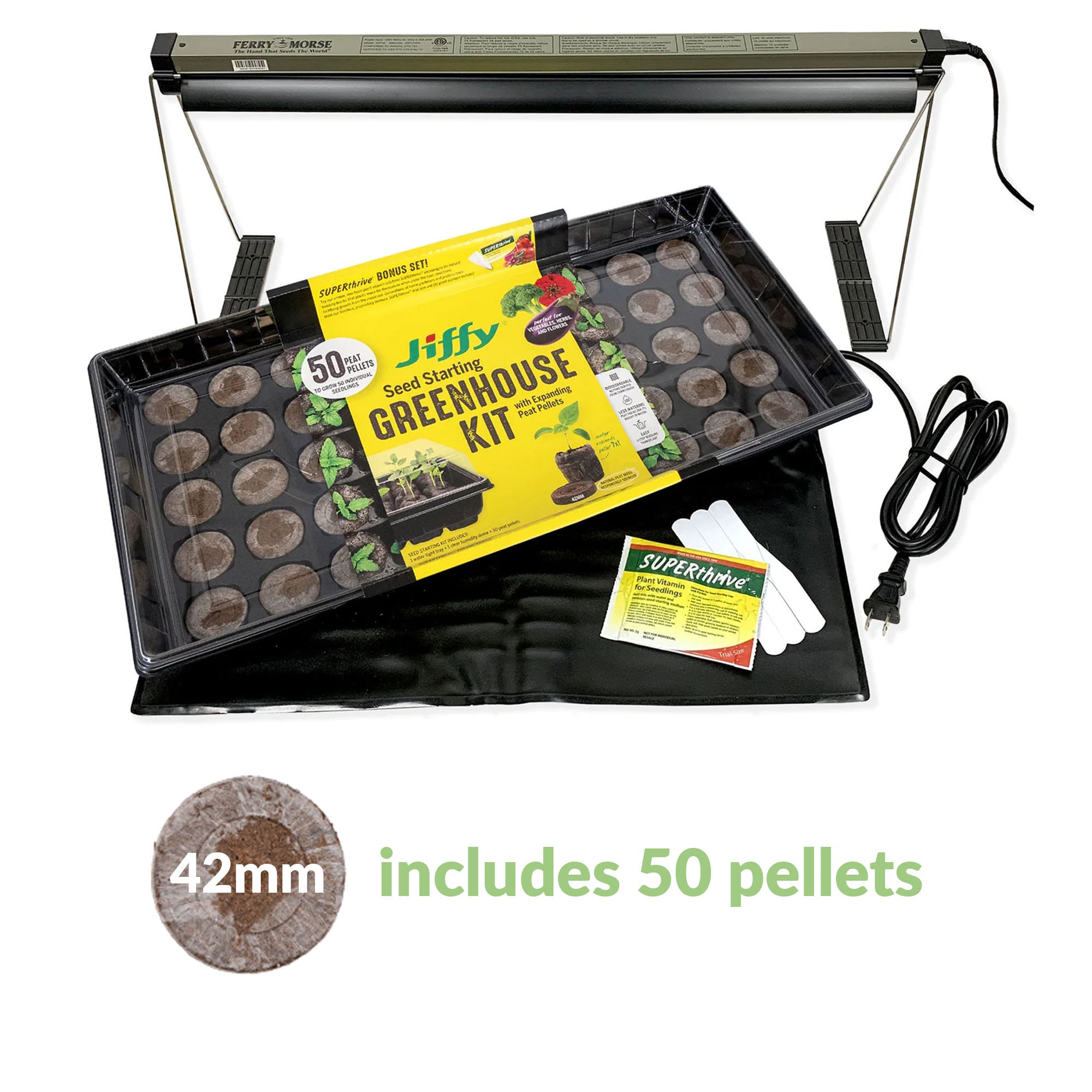 Indoor seed starting kit including a grow light, a 50-cell peat pellet greenhouse, and a heat mat, with Ferry-Morse branding visible.